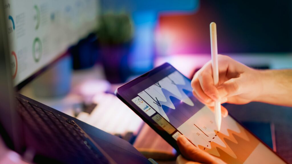 Tablet showing charts used to measure AI workflow quality
